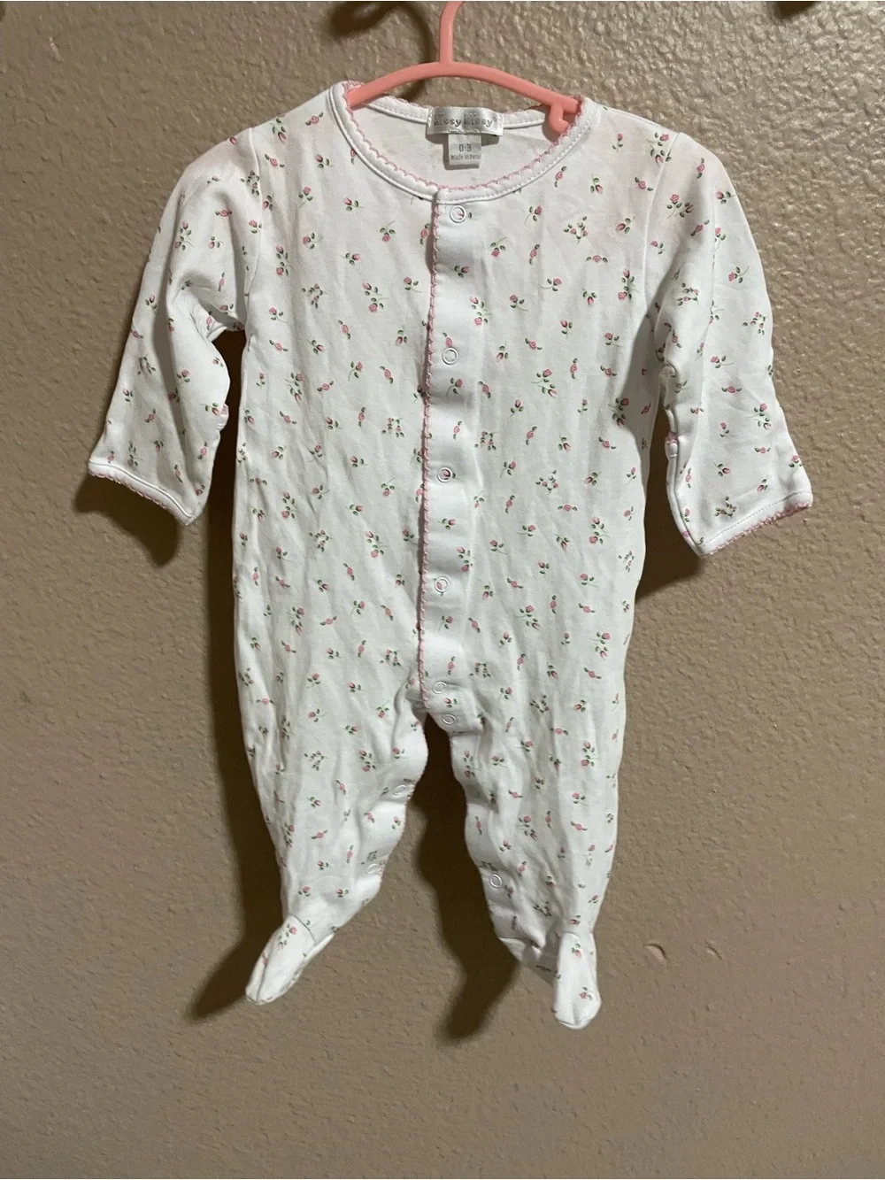 Kissy Kissy White Floral Baby One-Piece Footed Pajamas with Pink Trim